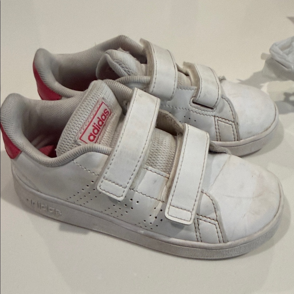 adidas White Kids Velcro Sneakers with Pink Heel and Logo